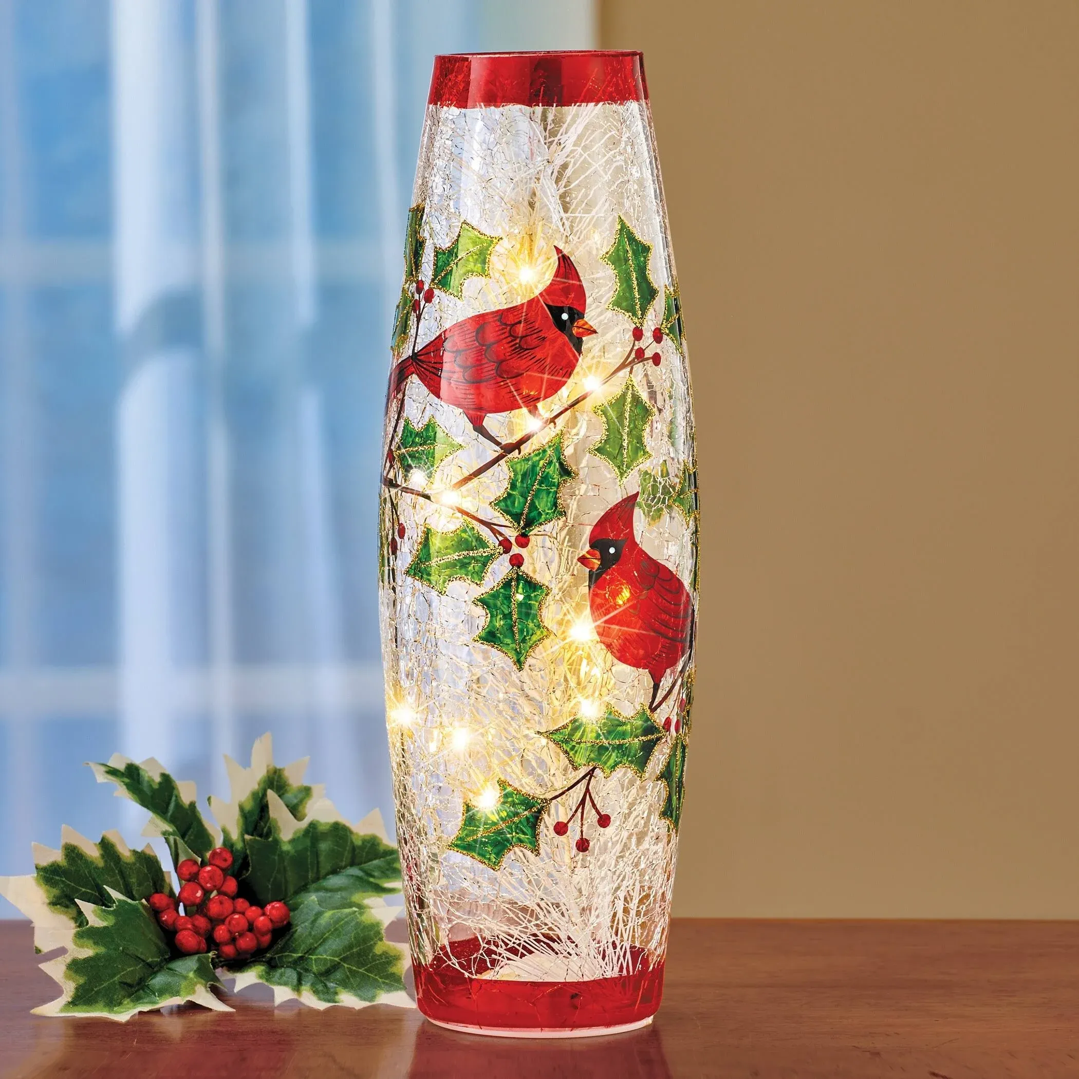 Collections Etc LED Holly Cardinal Crackled Glass Hurricane Lamp