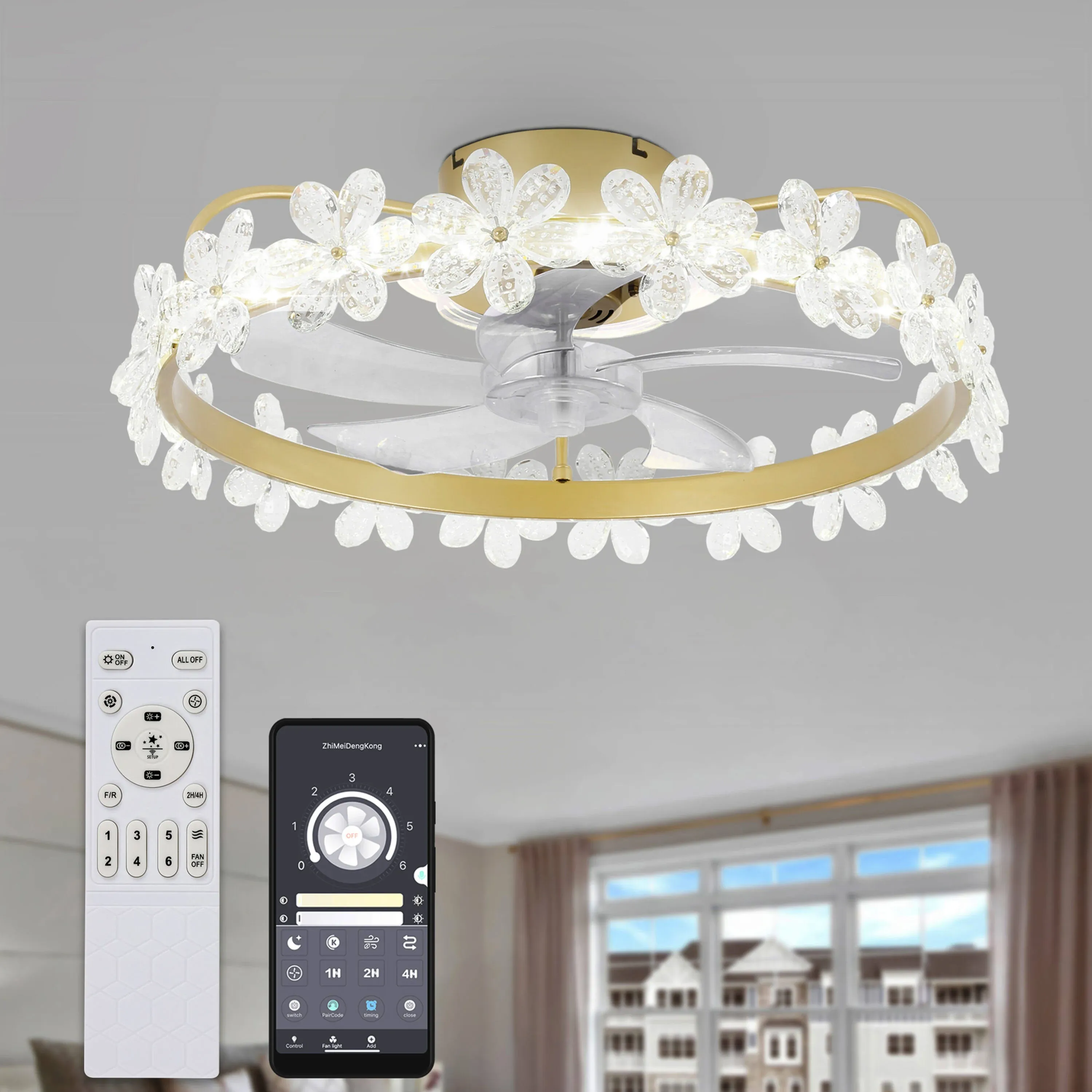 Fandelier Ceiling Fan with Light and Remote, 22'' Dimmable LED, 3 Colors, 6 Speeds, Flush Mount Low Profile Small Ceiling Fan with APP Control for Kids Room Bedroom