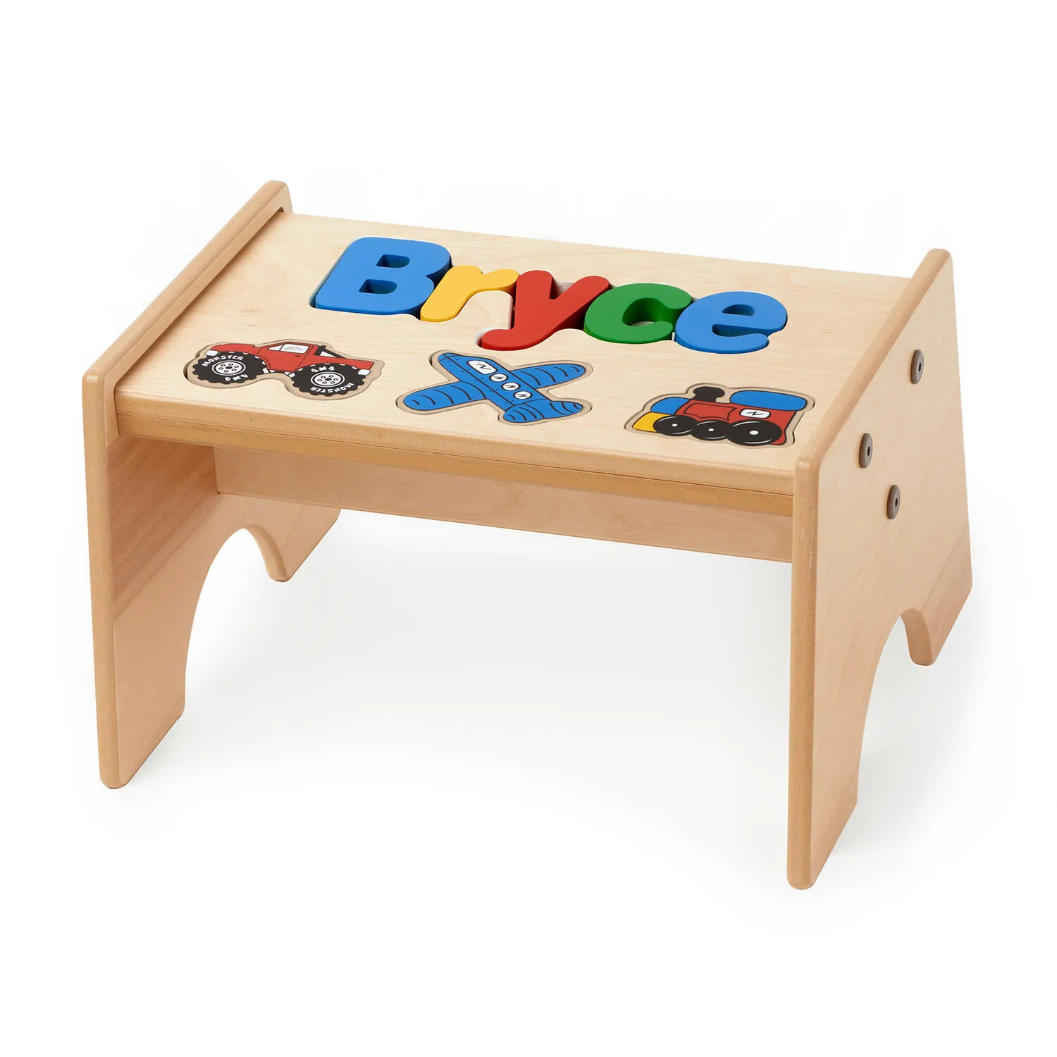 Child's Personalized Name Transportation- Theme Maple-Finished Puzzle Stool - Primary Colors