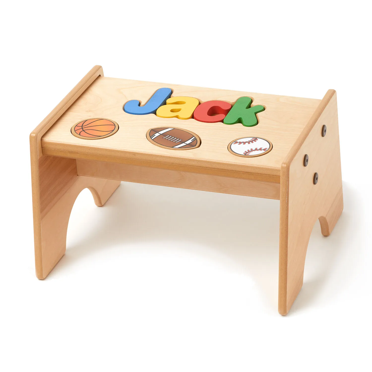 Child's Personalized Name Sports-Theme Maple-Finished Puzzle Stool - Primary Colors