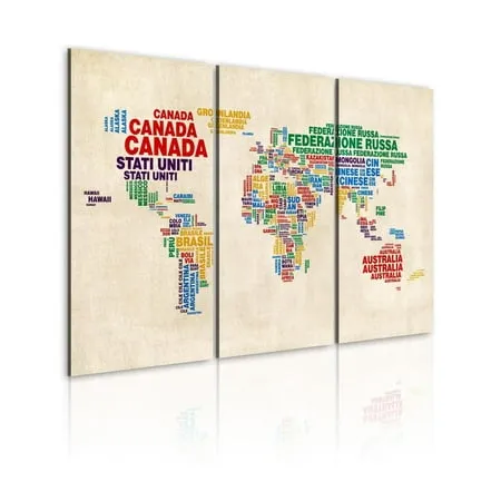 Tiptophomedecor Stretched Canvas World Map Art - Italian Names Of Countries In Vivid Colors 3 Piece - Stretched & Framed Ready To Hang Art