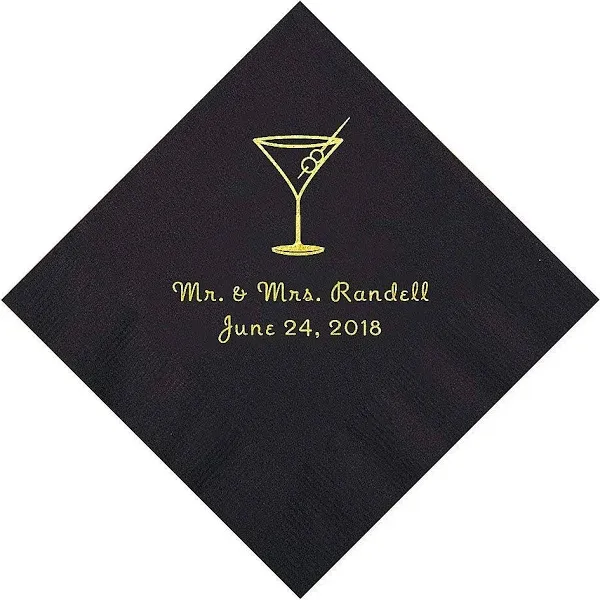 Black Martini Glass Personalized Napkins with Gold Foil, Beverage, Party Supplies, 50 Pieces