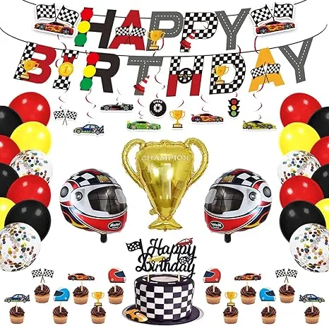 Race Car Birthday Party Supplies Race Car Party Decorations with Race Car Happy Birthday Banner Cake Topper Cupcake Toppers Balloons Hanging Swirls for Boys Let's go Racing Party SuppliesRace Car Birthday Party Supplies Race Car Party Decorations with Ra