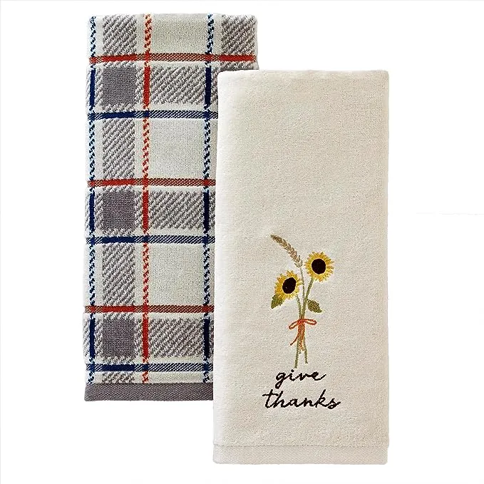 SKL Home Fall/Harvest Thankful Script Hand Towel 2pc Set for Bath/Kitchen/Bar & Gift, Yellow