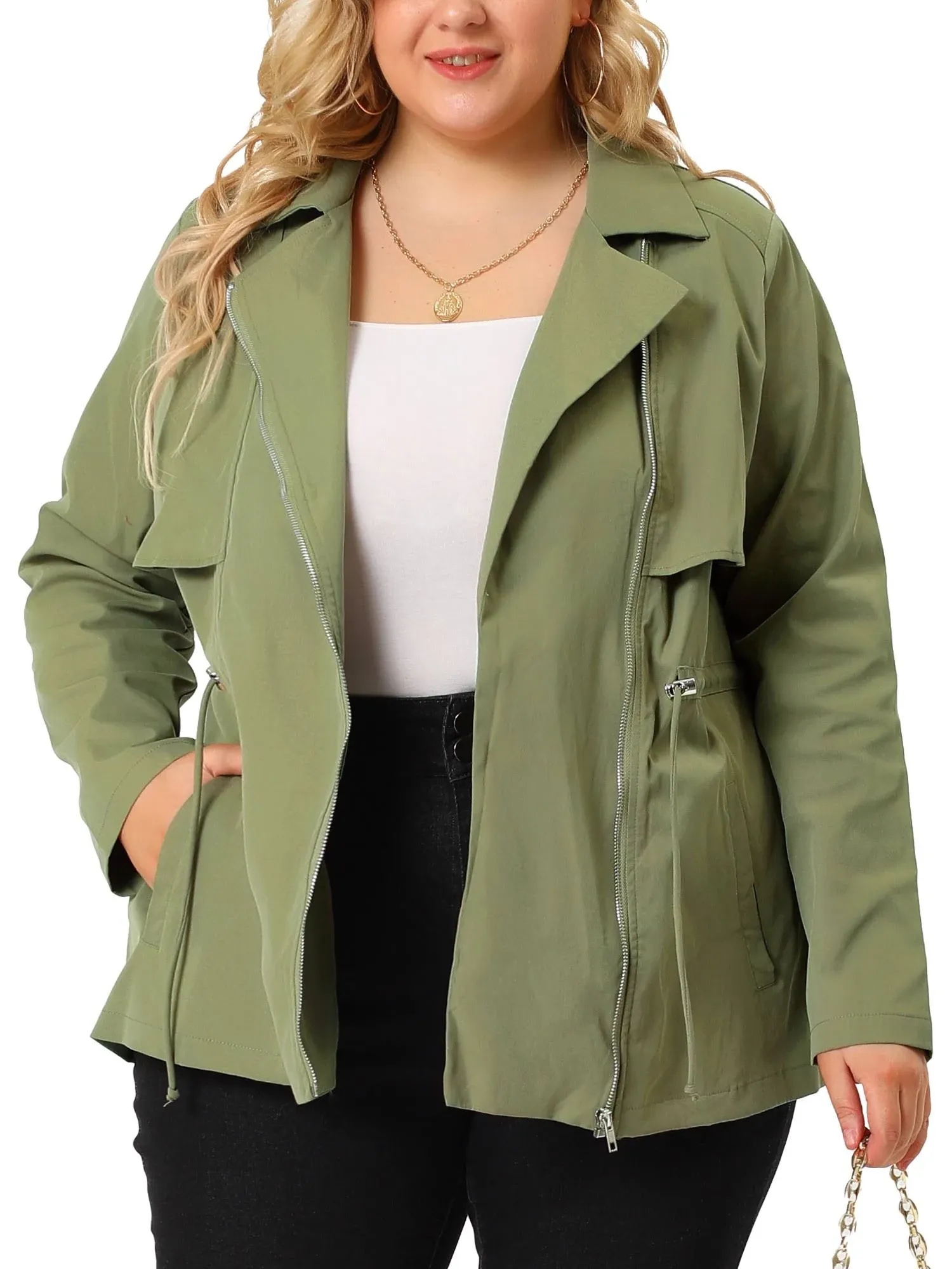 Agnes Orinda Plus Size Anorak Jackets for Women Drawstring Waist Trench Coat Utility Jacket ST Patrick's Day