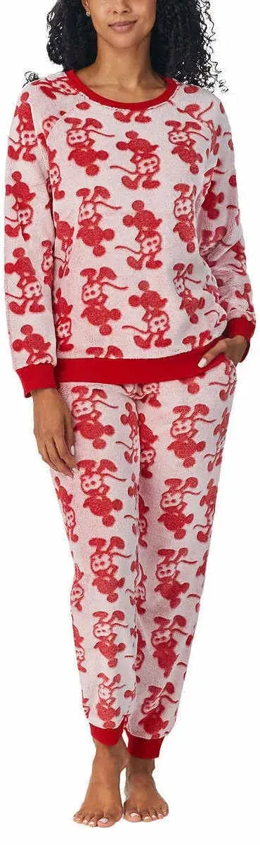 Disney Womens Size Large 2 Piece Fleece Jogger Lounge Set Sleep Mickey Mouse Red