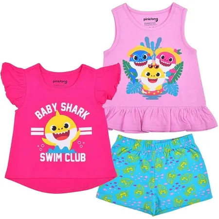 Baby Girl's Shark, Daddy Shark and Mommy Shark 3 Piece 2 Short Sleeve Tee and Short Set