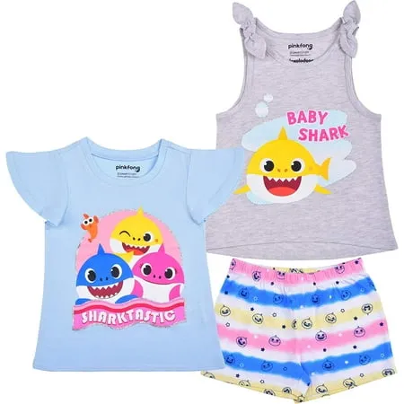 Baby Girl's Shark, Daddy Shark and Mommy Shark 3 Piece 2 Short Sleeve Tee and Short Set