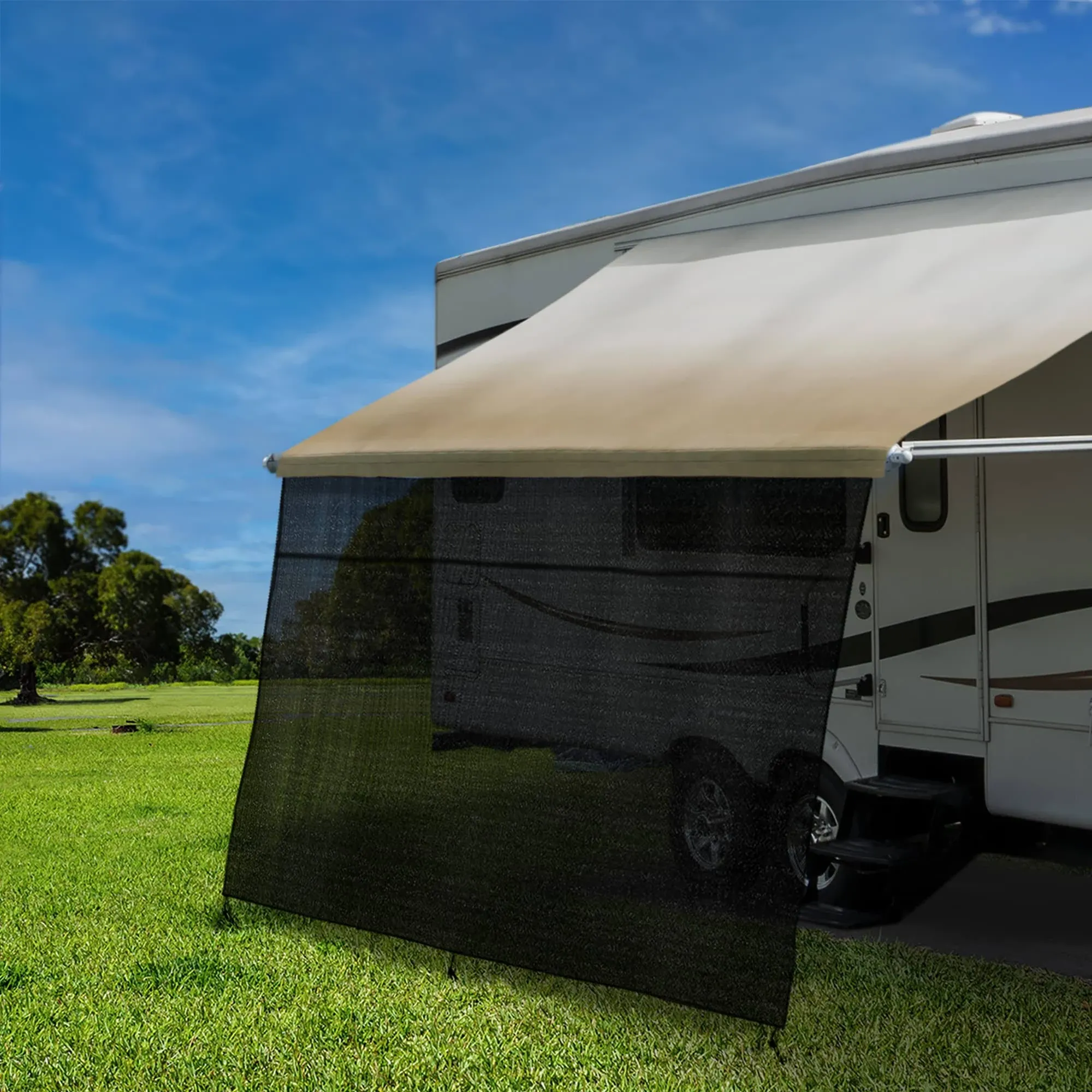 RecPro RV Awning Sun Shade Kit Screen with Zipper Kit | 11' - 21' Width Options | 8' and 9' Drop | Black Mesh UV Blocker | RV Awning Shade (13' x 9' (Actual Width 11' 11½"))