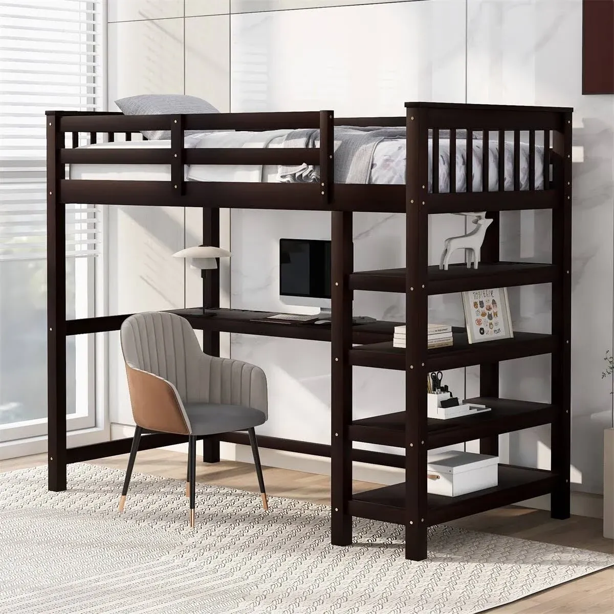 Full Size Loft Bed with Storage Shelves and Under-bed Desk, Gray