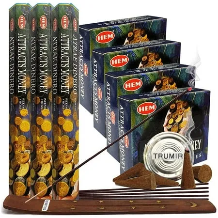 Attracts Money Incense sticks and cone incense holder variety pack bundle insence insense insienso