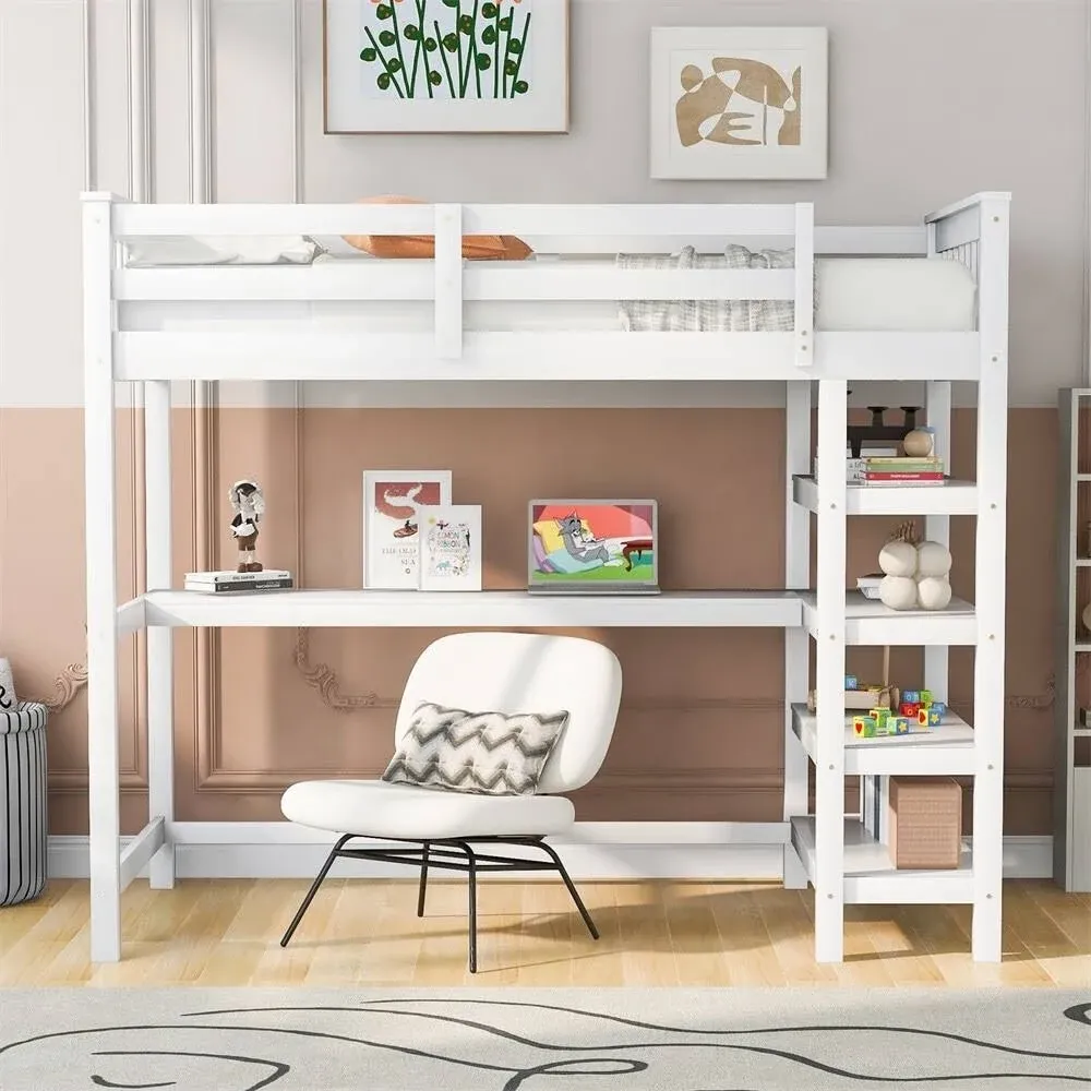 Merax Loft Bed with Storage Shelves and Under-Bed Desk