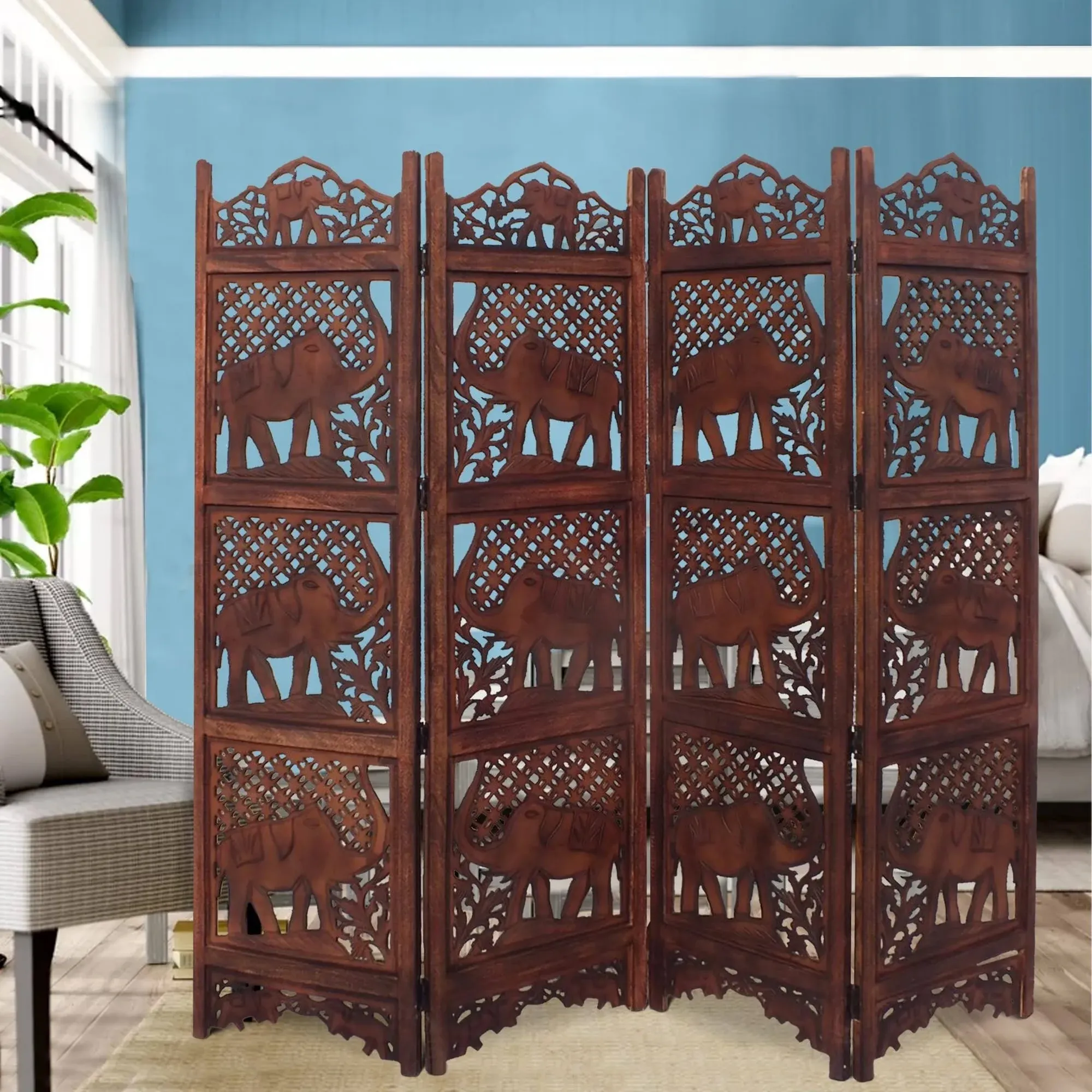 Hand Carved Elephant Design Foldable 4 Panel Wooden Room Divider, Brown