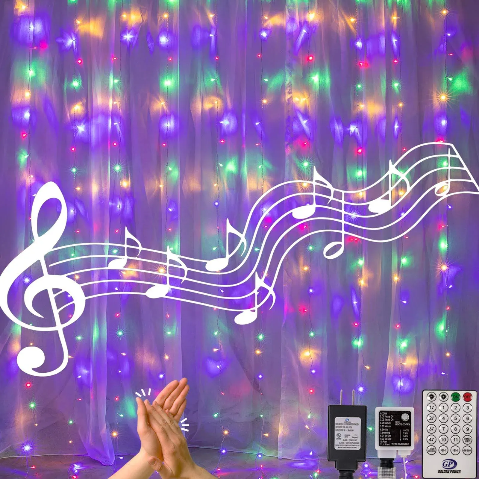 300 LED 6.6ft x 9.8ft Curtain String Light Window Fairy Lights 4 Music 11 Lighting Modes with Remote Control for Christmas Thanksgiving Party Home Outdoor Indoor Wall Decorations (Warm & White)