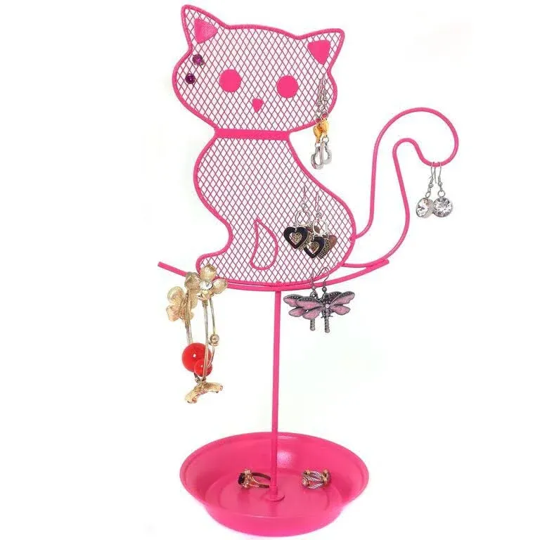 Bucasi Cute Cat Jewelry Organizer Pink Earring Jewelry Stand Dresser Top Jewelry ...