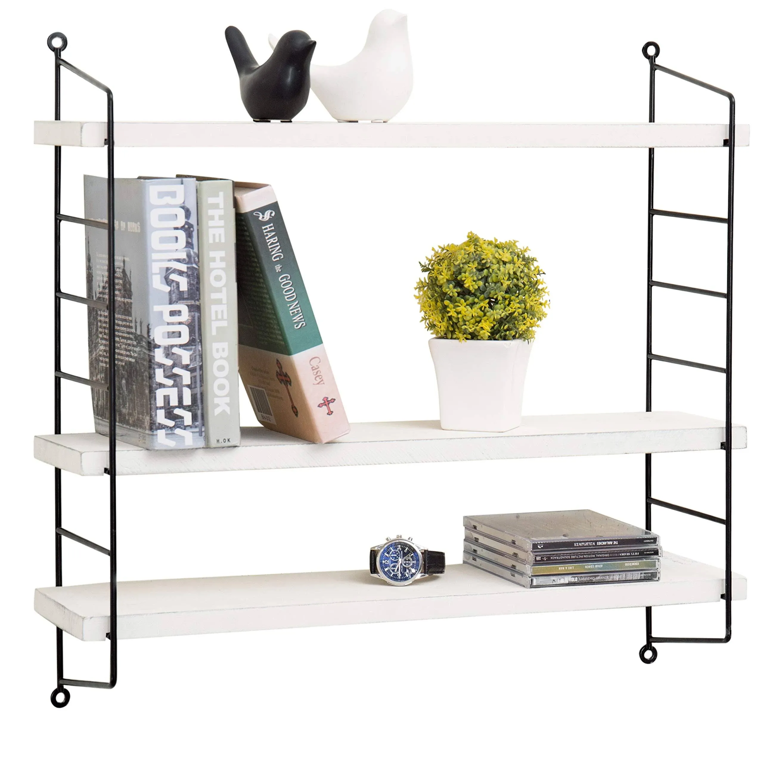 MyGift 23-Inch Floating Shelves Industrial Metal and Vintage White Wood Adjustable Wall Mounted 3-Tier Storage Shelf for Bathroom, Bedroom, Kitchen