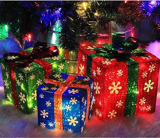 ATDAWN Set of 3 Lighted Gift Boxes Christmas Decorations, Red Green and Blue Present Boxes, Christmas Home Gift Box Decor