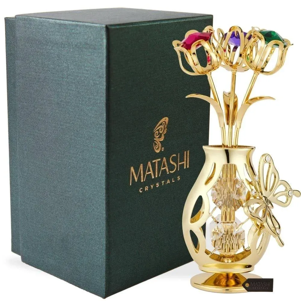 Matashi 24K Gold Plated Flowers Bouquet & Vase with Colorful Crystals Butterfly ...