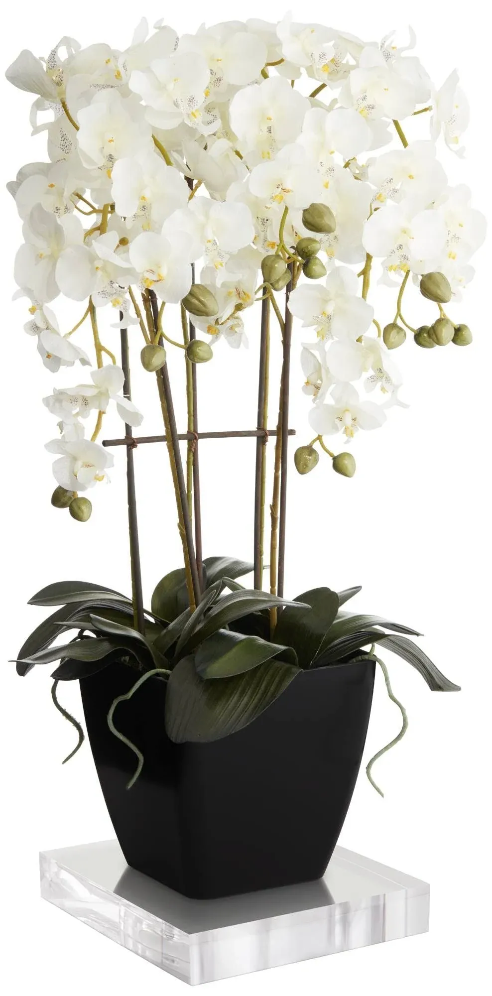 Potted Faux White Orchids Artificial Flowers in Black Pot Acrylic Riser for Home