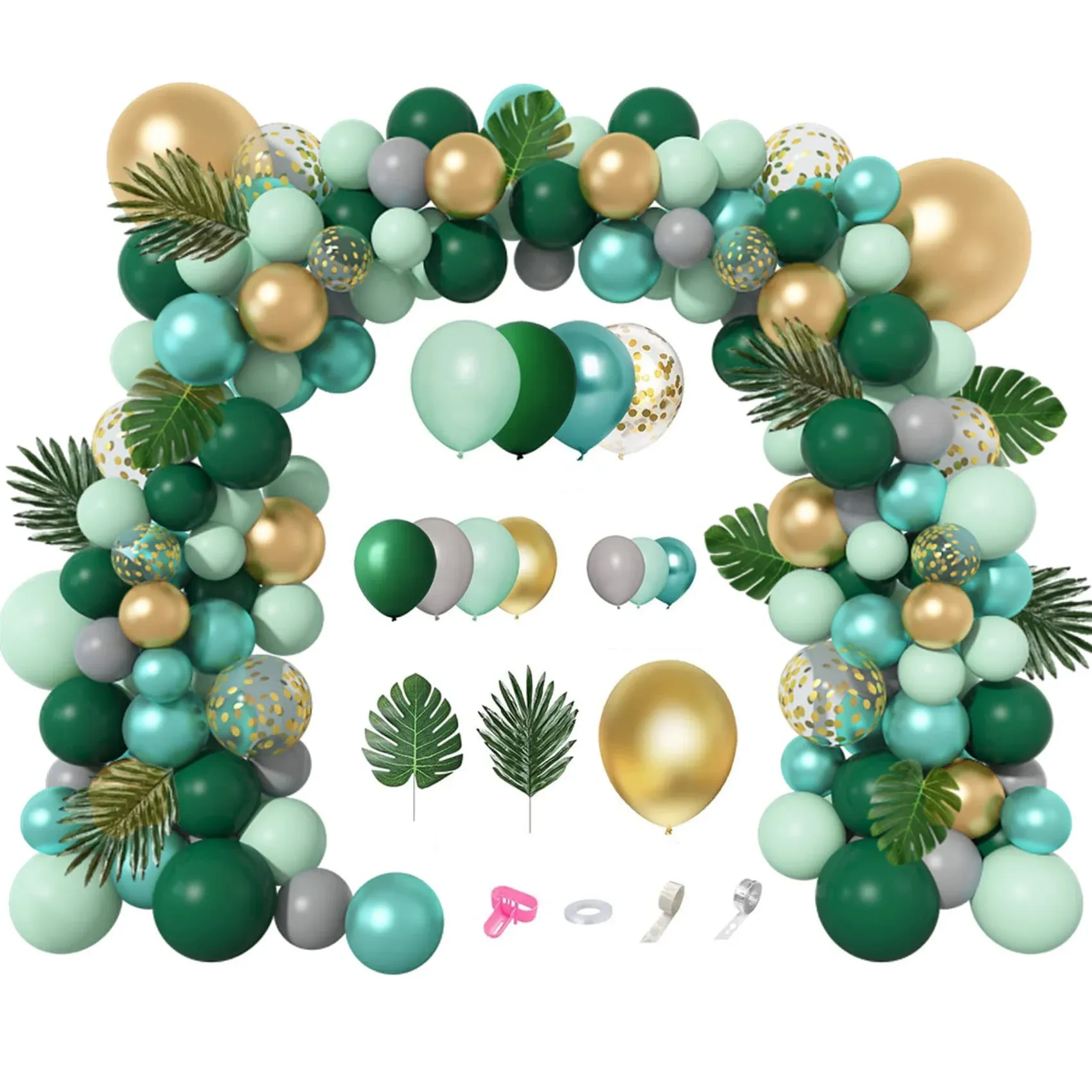 Amandir 151Pcs Jungle Safari Balloon Garland Kit, Metallic Green Gold Tropical Balloons Arch Artificial Palm Leaves for Animal Dinosaur Two Wild One Birthday Baby Shower Decoration Boys Party Supplies