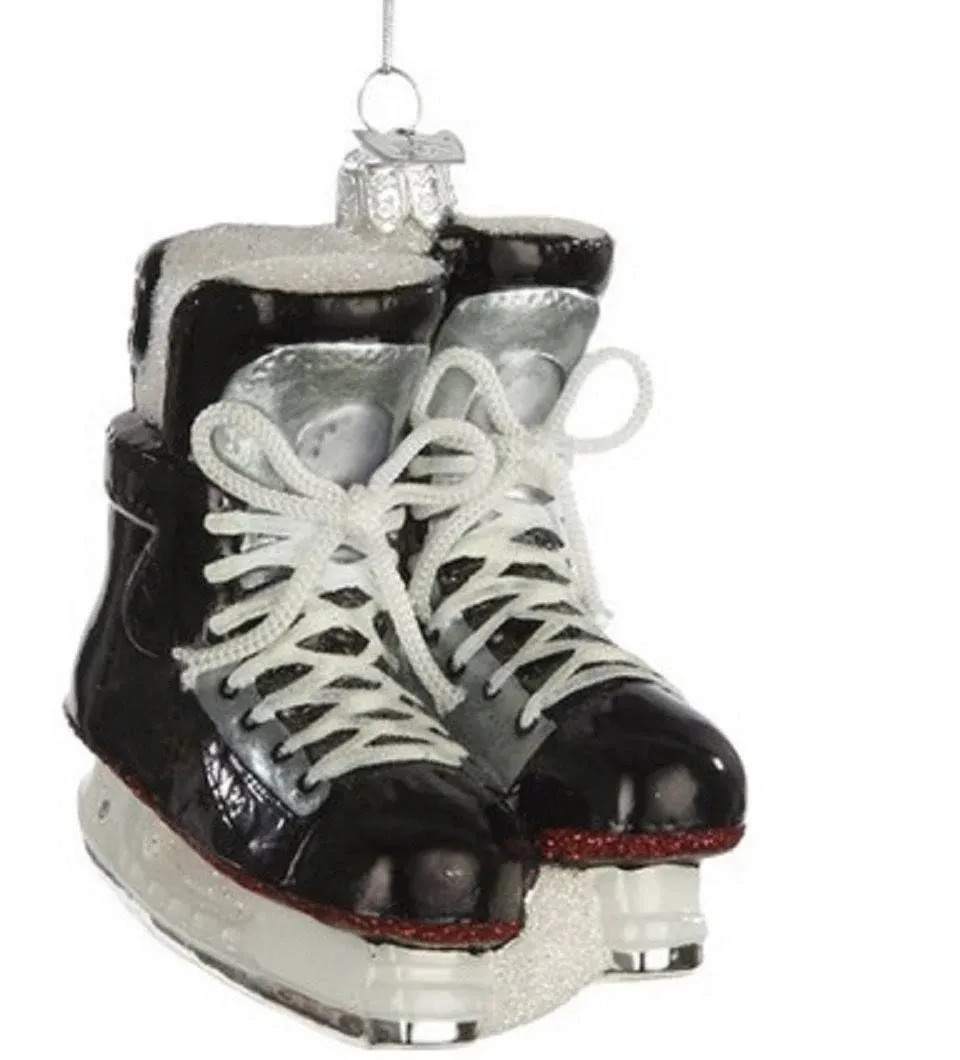 Black and Silver Hockey Skates Glass Ornament, 4 1/4", KANB0564