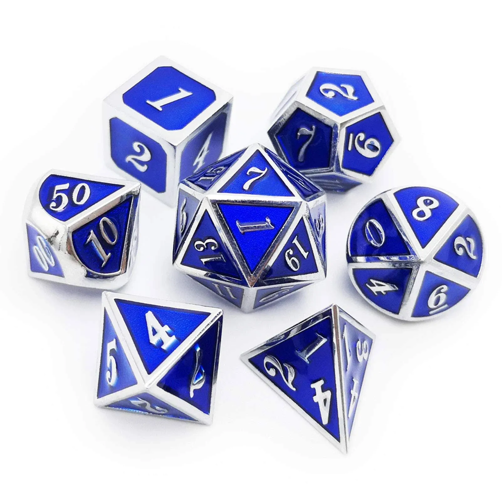 Haxtec Metal Dice Set D&D Silver Navy Blue Metal Polyhedral DND Dice for Dungeons and Dragons-Glossy Enamel Dice (Silver Navy Blue)