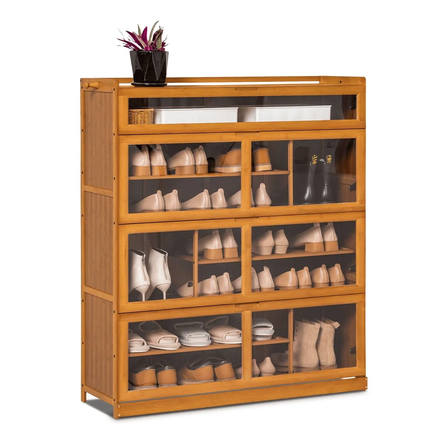 MoNiBloom Bamboo 7 Tiers 33 Pairs Shoes Cabinet, Pull-Down Acrylic Door, Brown, for Entryway