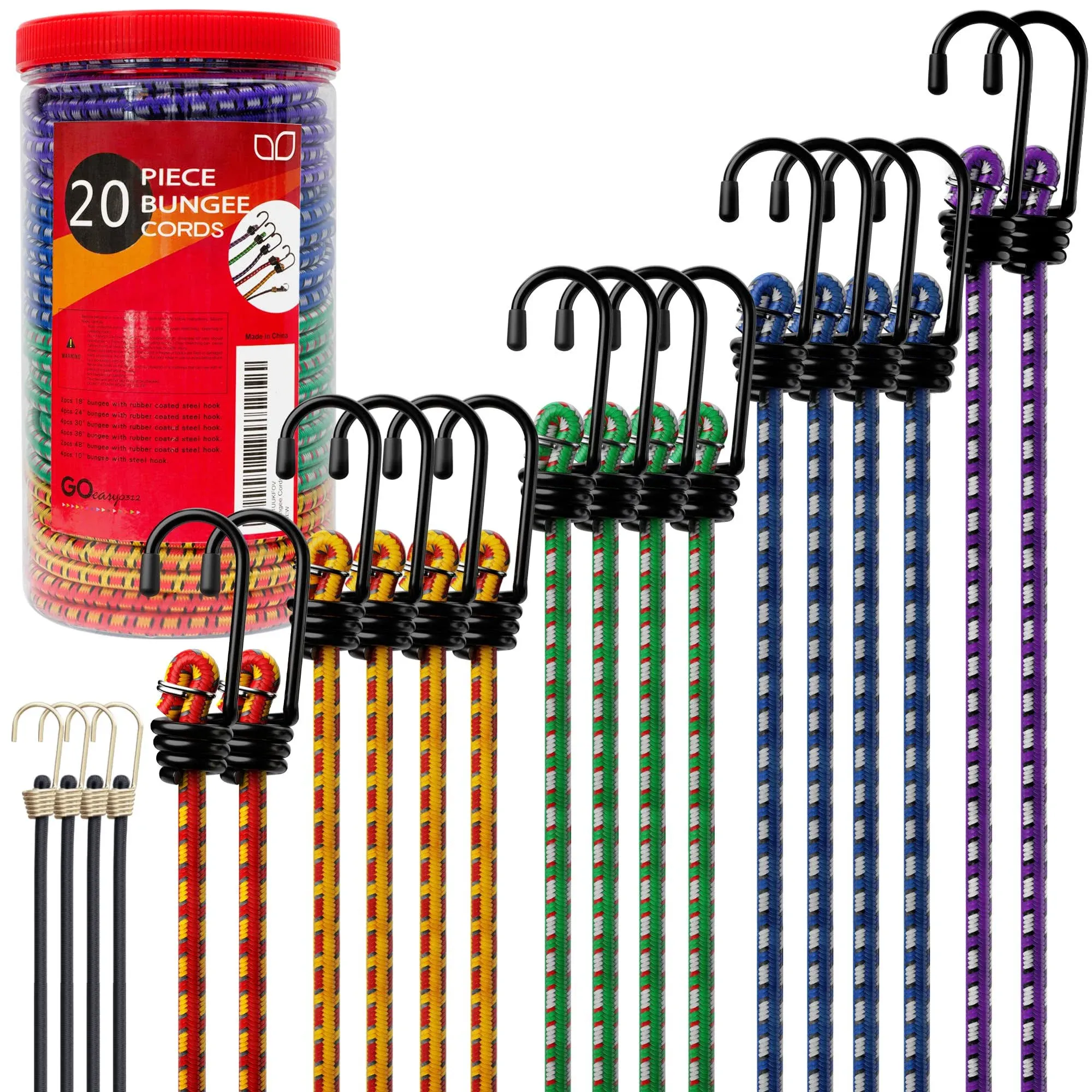 Premium Bungee Cords Heavy Duty - 20 Piece in Storage Jar Includes 10", 18", 24"