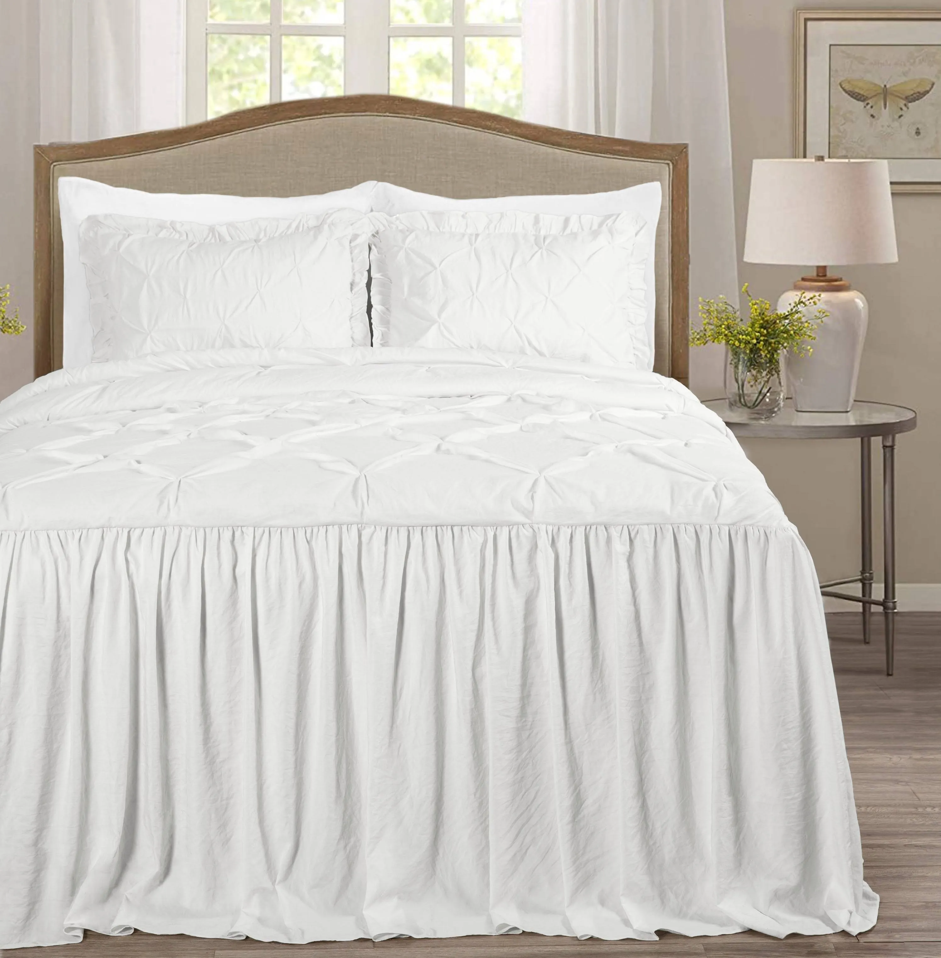 Chezmoi Collection Aria 3-Piece Pinch Pleat Pintuck Ruffle Skirt Bedspread Set, Queen, White