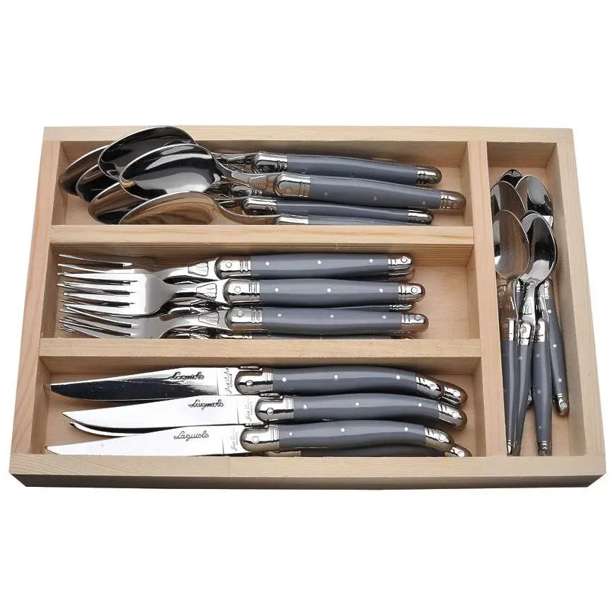 Jean Dubost Laguiole 24-Piece Everyday Flatware Set, Gray Handles - Rust-Resistant Stainless Steel - Includes Wooden Tray - Made in France