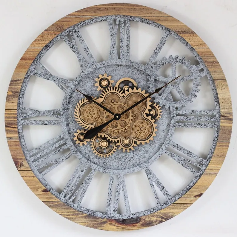 Wall clock 36 inches with real moving gears Wood and Stone