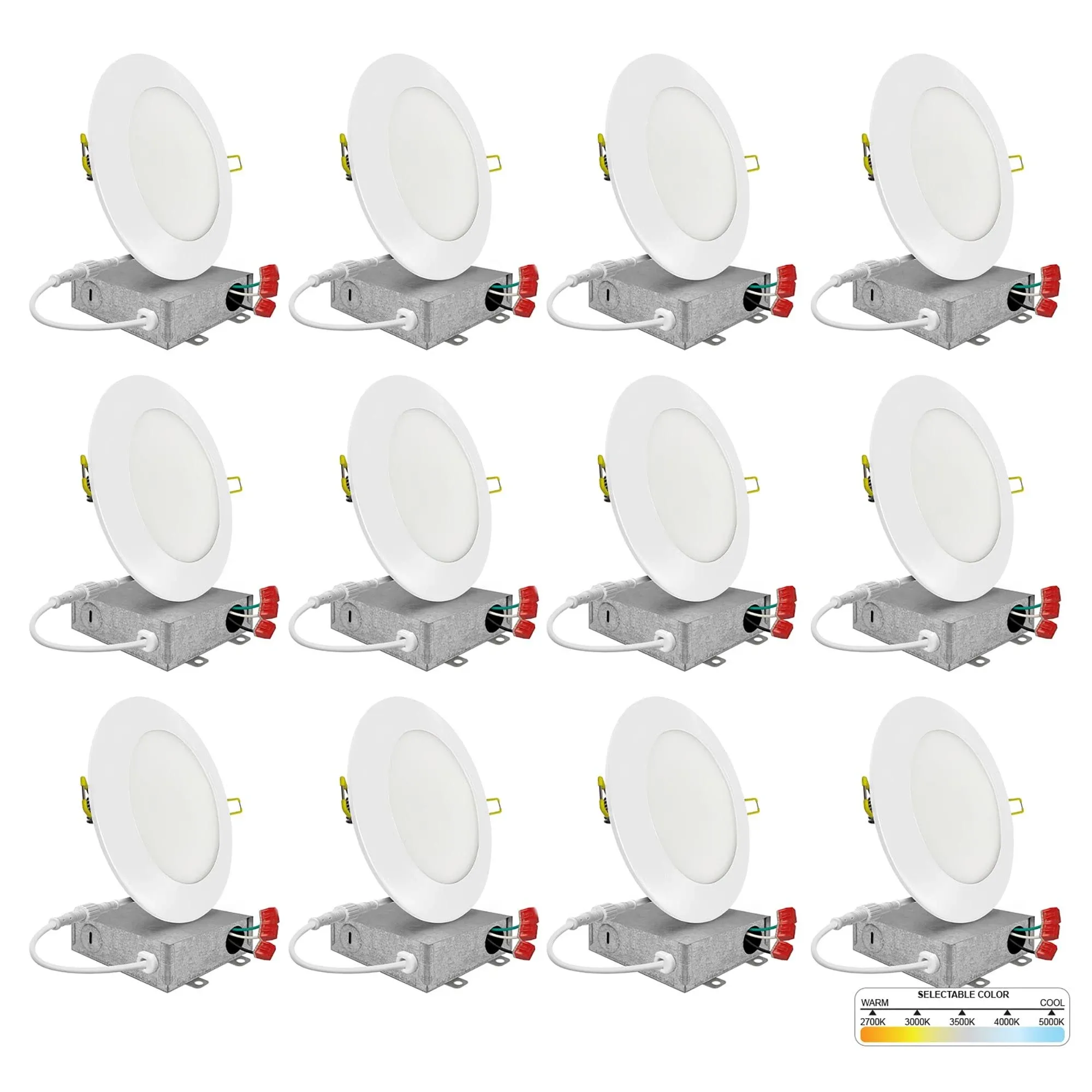 NUWATT 12 Pack, 4 Inch Ultra-Thin LED Recessed Lighting, 5CCT 2700K/3000K/3500K/4000K/5000K Selectable, 630LM, 9W, IC Rated, Dimmable Slim Panel Light, White Trim Canless Wafer with Junction Box, ETL