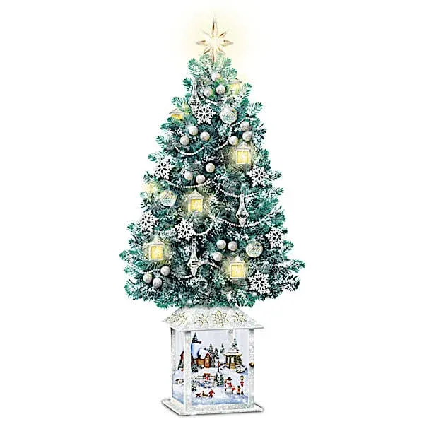 The Bradford Exchange Thomas Kinkade Festival of Lights Illuminated Tabletop Christmas Tree Featuring Snow-Tipped Branches, Pearlescent Garland & Lighted Lantern Ornaments