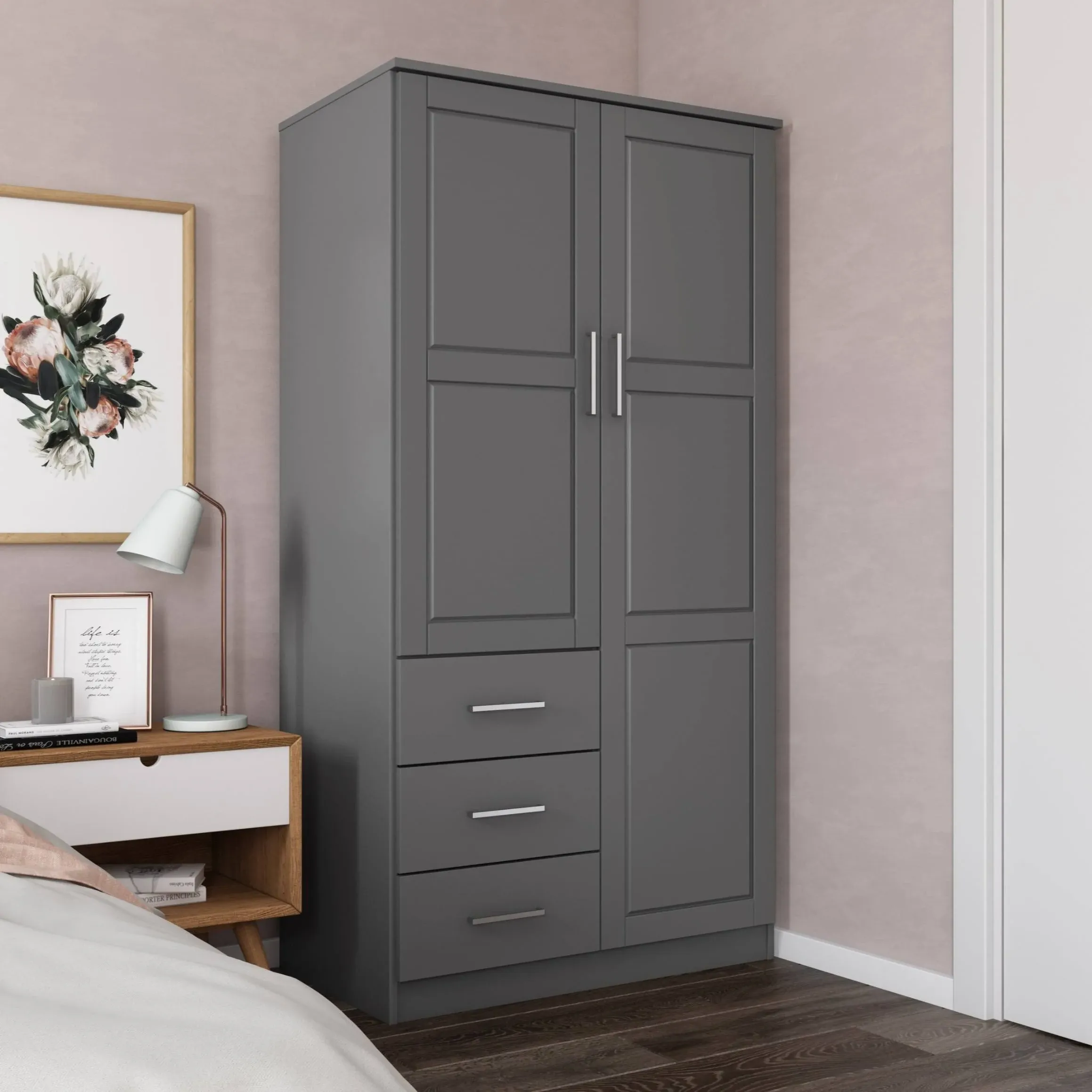 100% Solid Wood Metro 2-Door Wardrobe with Raised Panel Doors, Gray - Palace Imports 7105D