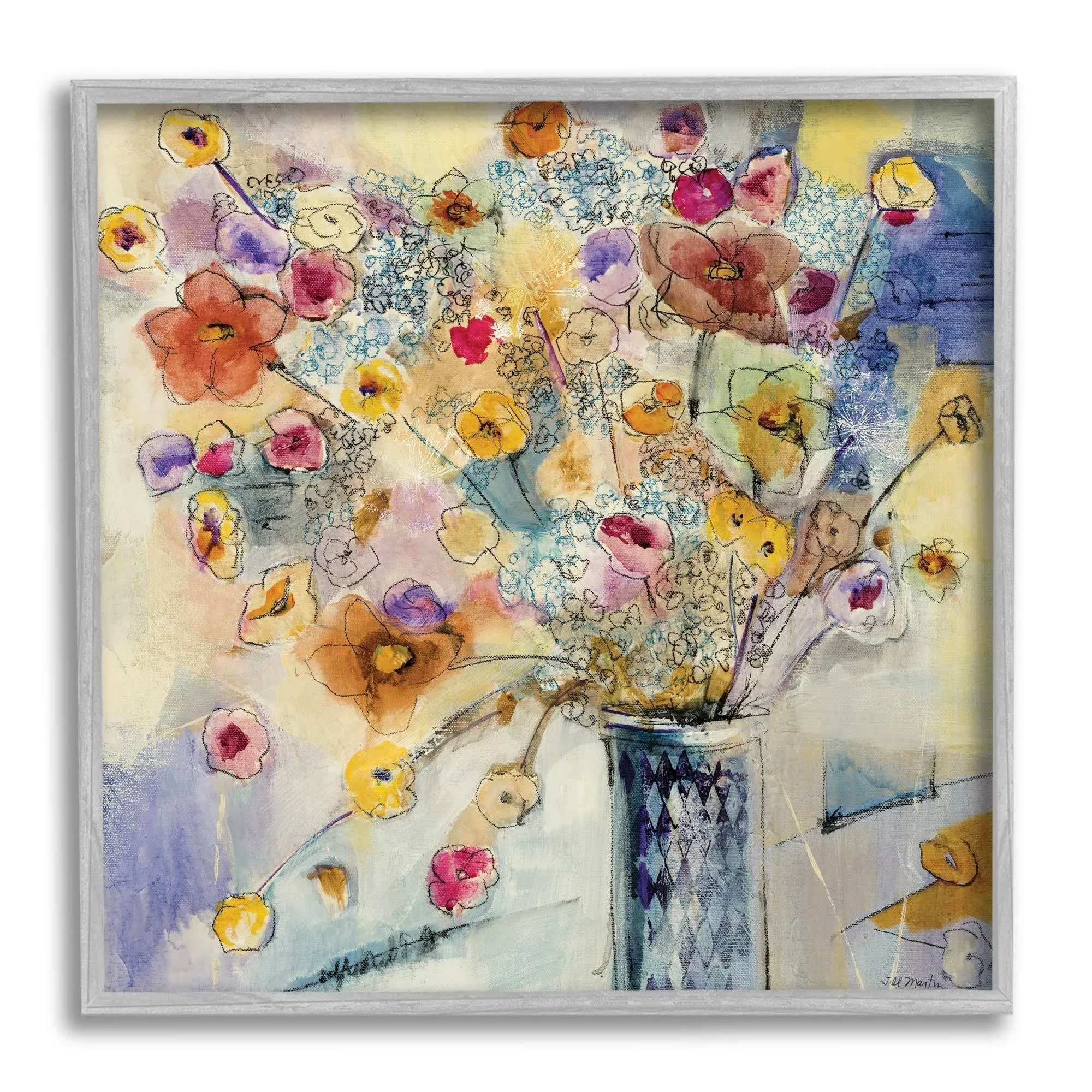 Stupell Industries Painted Flowers Line Drawing Black Framed Giclee Texturized ...