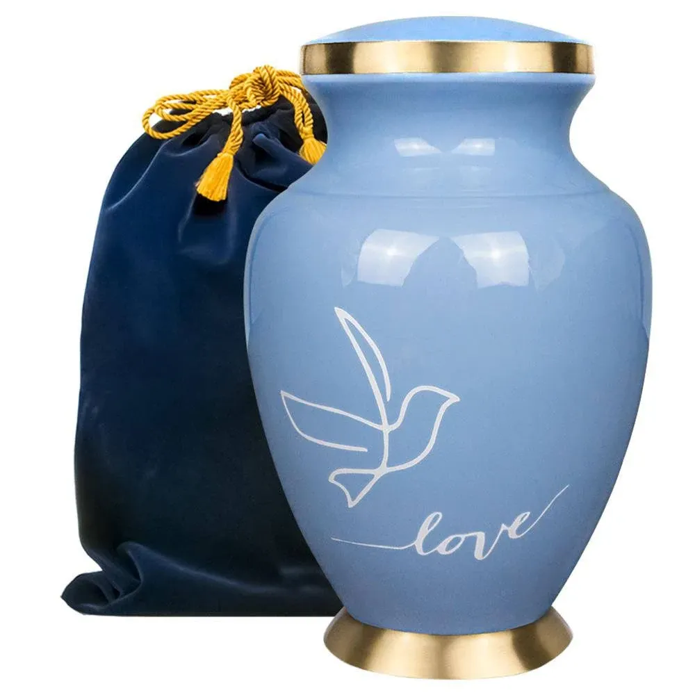 Trupoint Memorials Modern Love Light Blue Large Adult Cremation Urn For Human Ashes - with Velvet Bag