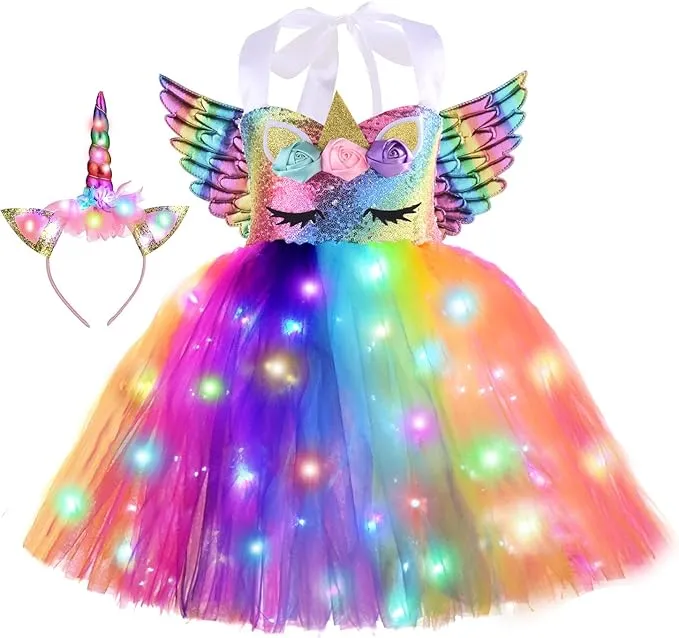 ZeroStage Sequin LED Light Unicorn Costume for Girl Birthday Decorations Halloween Christmas Party Outfit Princess Tutu Dress