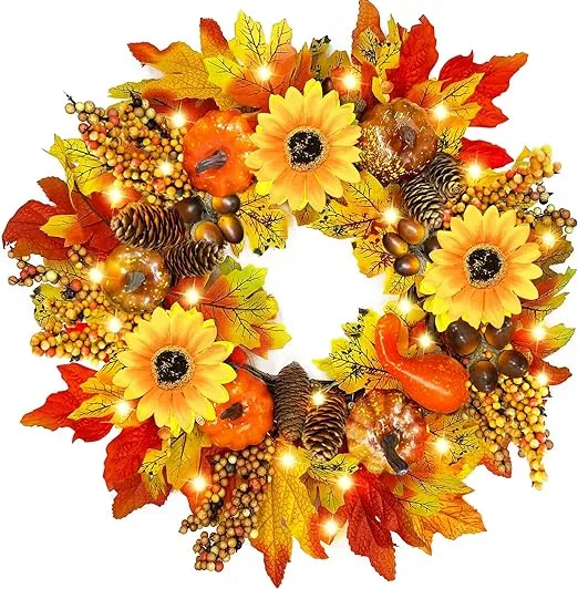 [Prelit & Timer]17" 20LED Sunflower Fall Wreaths for Front Door, Thanksgiving Door Decorations Thanksgiving Wreath with Lights 54 Maples Leafed 6 Pumpkin Pinecone Acorn Autumn Thanksgiving Decorations