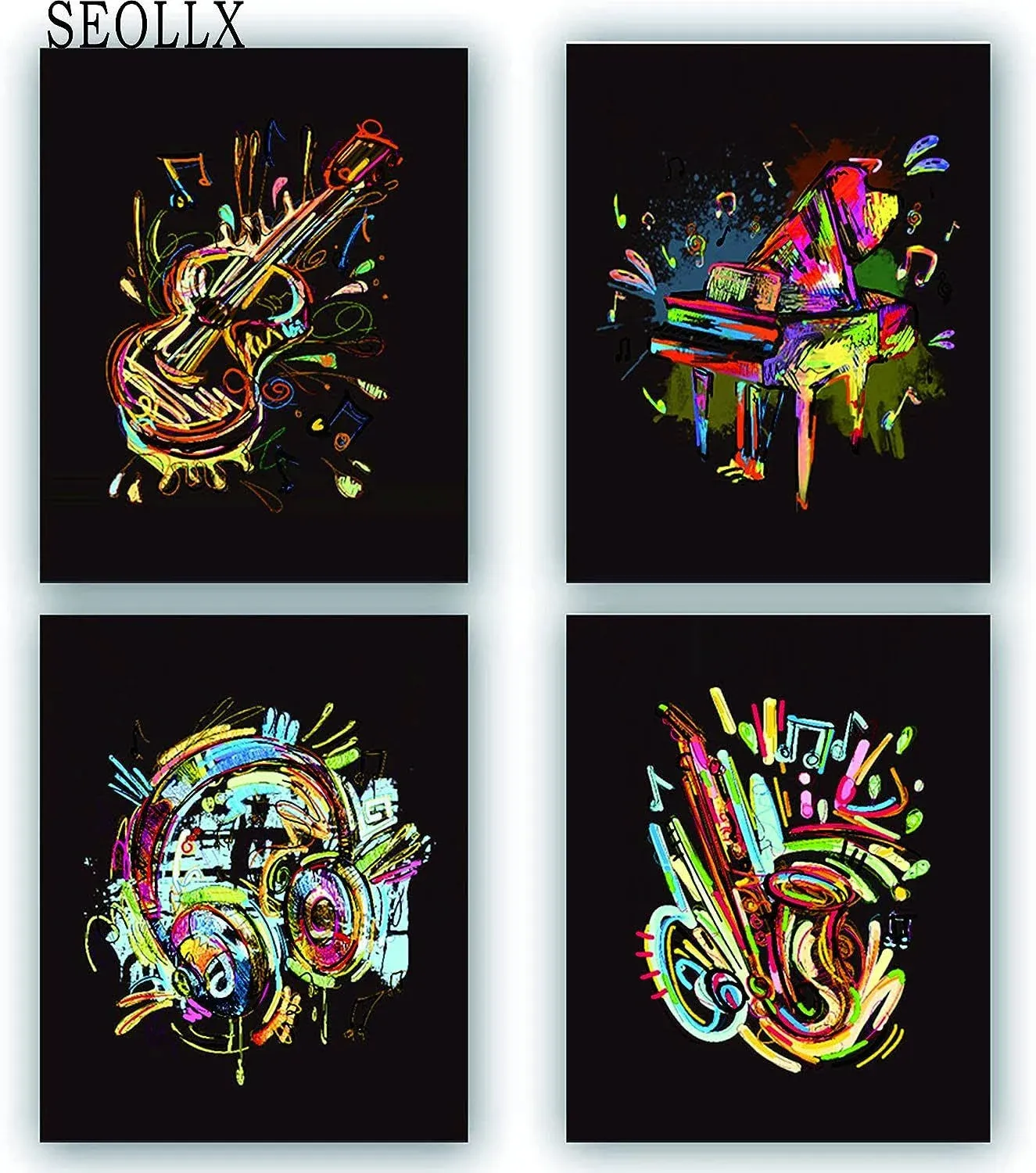 4 Set Watercolor Musical Instrument Art Prints,Headphones Pictures for Wall Decor ...