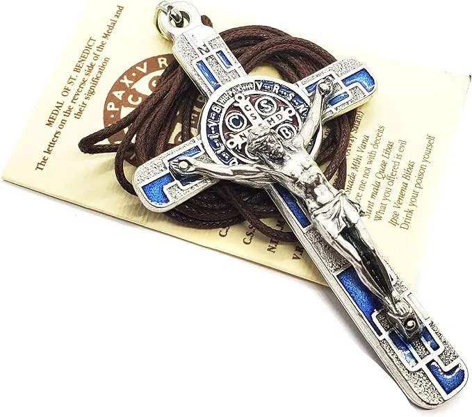 St Benedict Necklace Crucifix Cross 3&quot; Made in Italy St Benedict Boxed Keyring Kit Blue