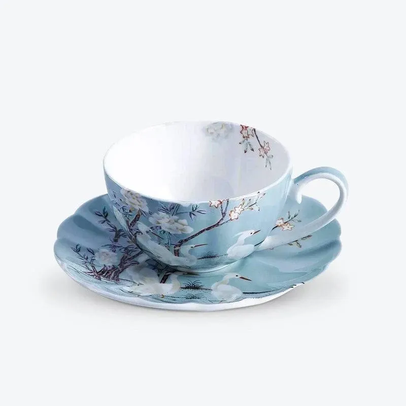 ufengke FKT0283 8oz Blue Fine Bone China Coffee Cup With Saucer,Colored Flowers,white Crane Porcelain Tea Cup And Saucer