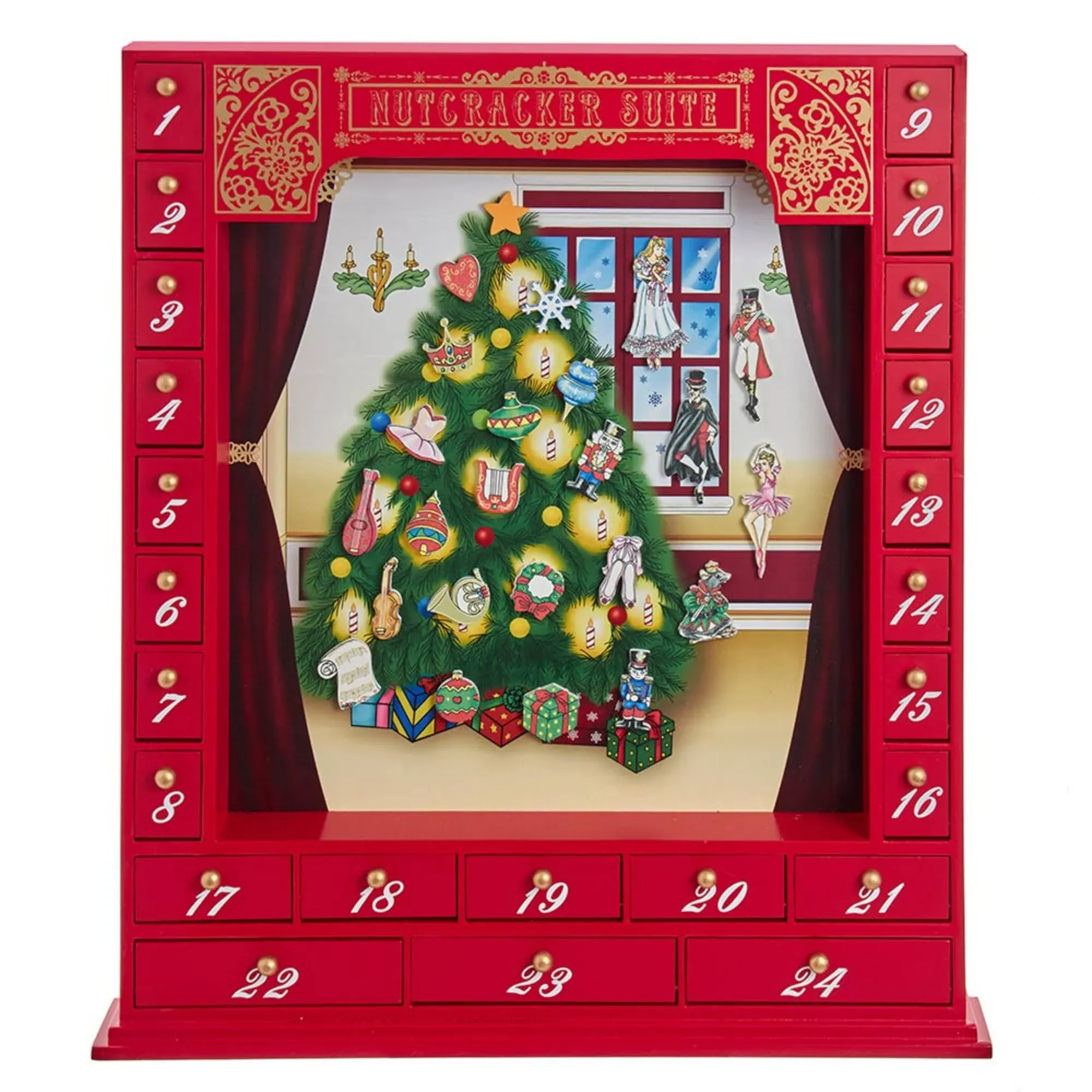 Kurt Adler 17.5" Wooden Nutcracker Suite Advent Calendar, Red