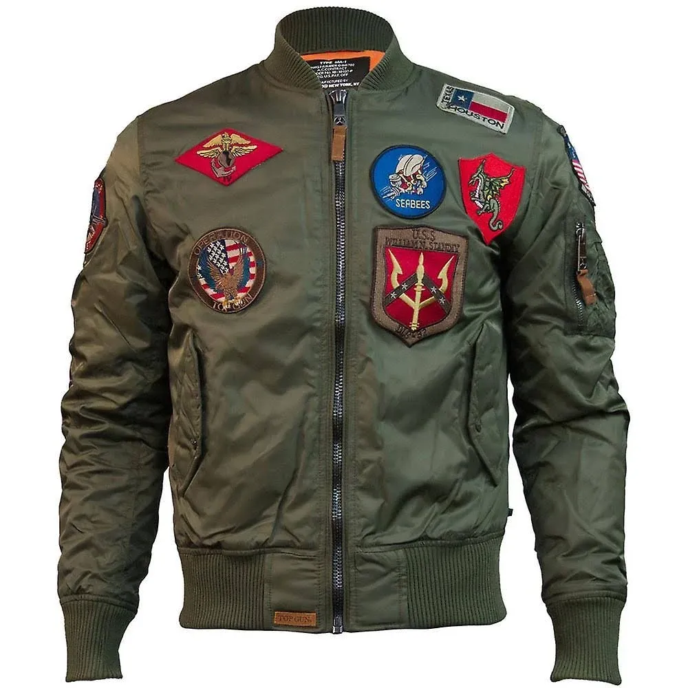 Top Gun Ma 1 Nylon Bomber Jacket with Patches Olive Green M