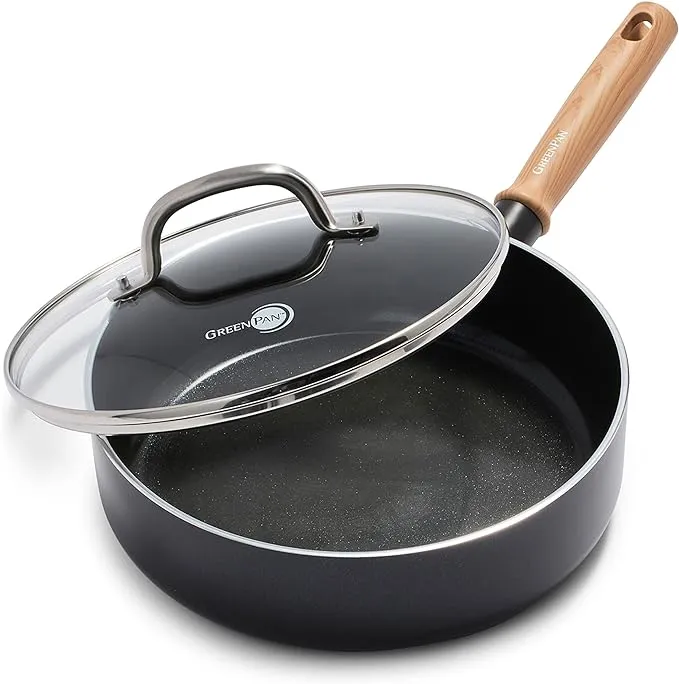 GreenPan Hudson Healthy Ceramic Nonstick, 3QT Saute pan Jumbo Cooker with Lid, Vintage Wood Insipred Handle, PFAS-Free, Dishwasher Safe, Black