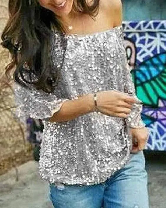 Hirigin Women s Summer Casual Glistening Sequin Crew Neck Shirt Tops Party