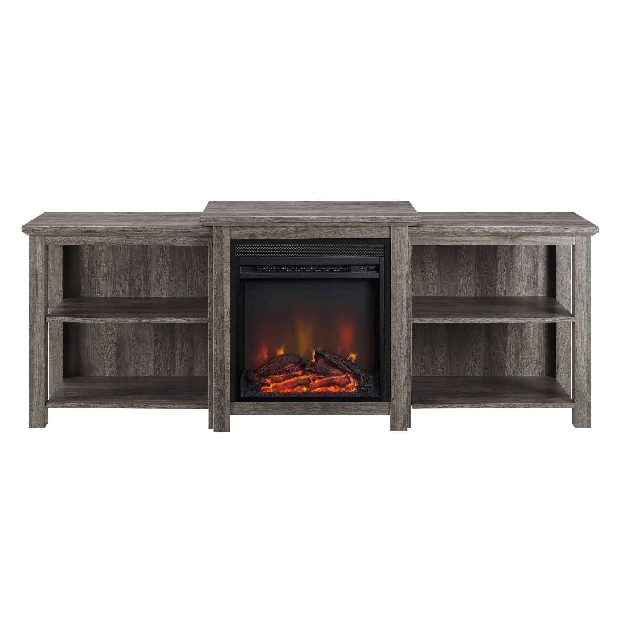 Classic TV Stand, 4 Open Compartments and Center Electric Fireplace, Slate Grey