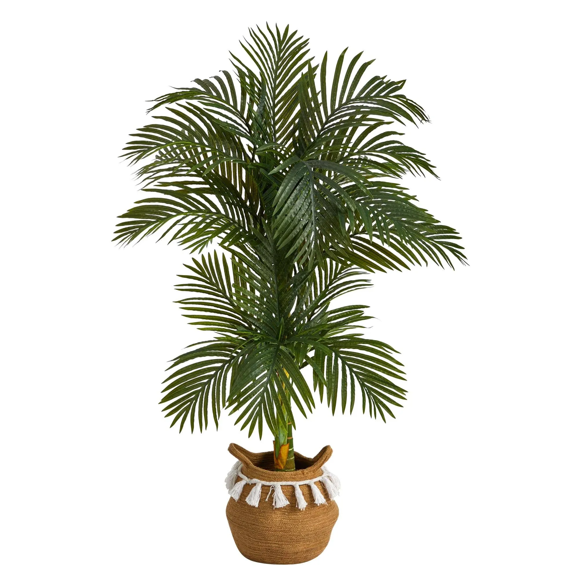 5ft Artificial Double Stalk Golden Cane Palm Tree With Handmade Basket In Green