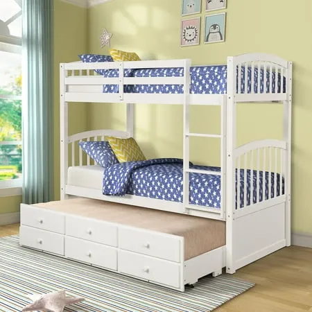 Harper & Bright Designs Wood Twin Over Full Bunk Bed with 2 Drawers,Twin-Over-Full Bed Frame with Ladder and Guardrail,Can Be Separated into 2 Beds,Gray