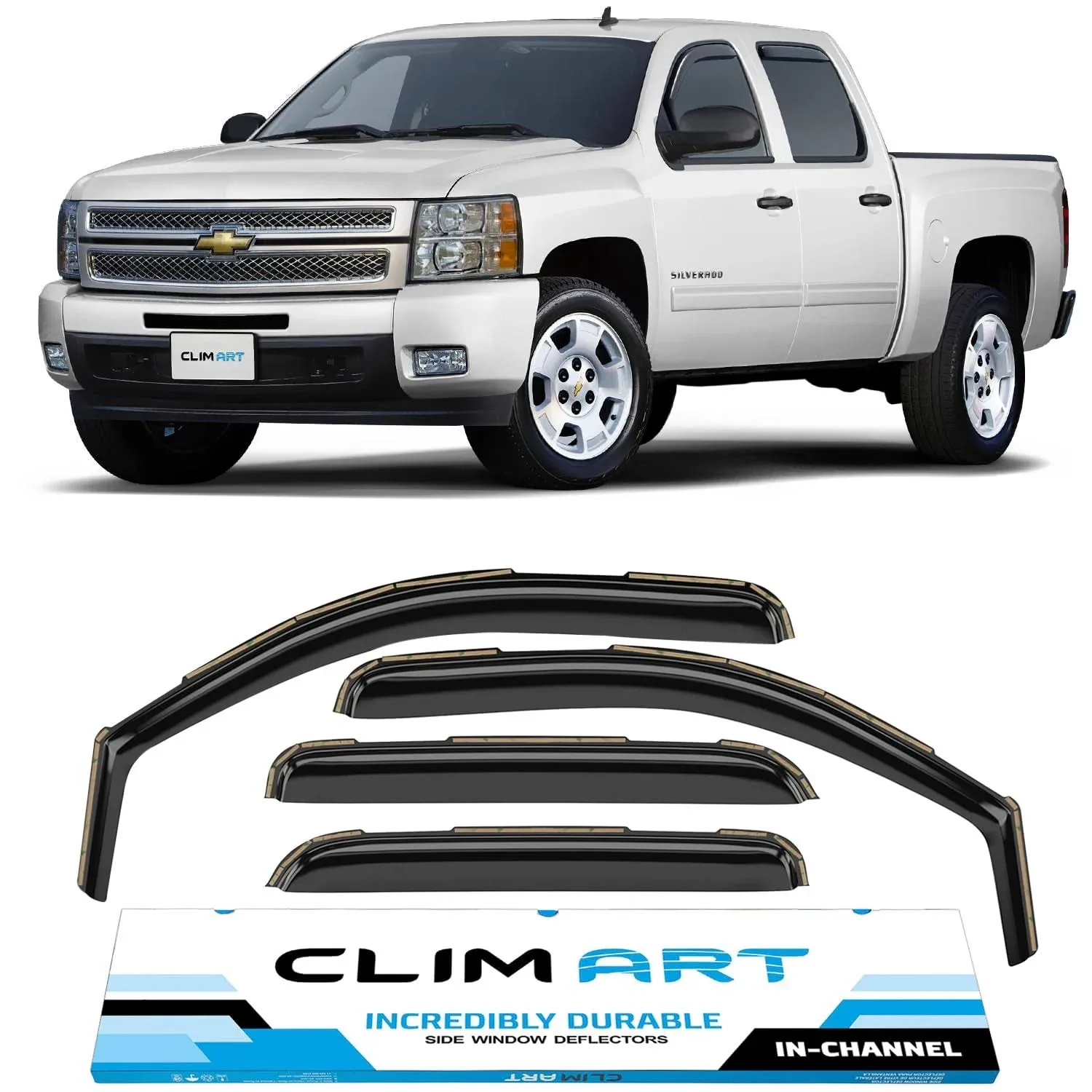 CLIM ART Incredibly Durable Rain Guards for Chevrolet (Chevy) Silverado 1500 2007-2013 Crew Cab, Original Tape-on Window Deflectors, Vent Deflector, Window Visors, Car Accessories, 4 pcs. - 407003