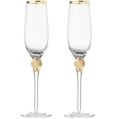 Berkware Set Of 6 Champagne Glasses - Luxurious Champagne Flutes With Dazzling Rhinestone Design And Gold Tone Rim, Standard